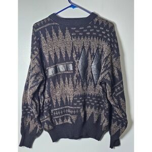 Barnaby Vintage Mens XL Black Tan Geometric Knit Sweater Leather Patches 80s 90s